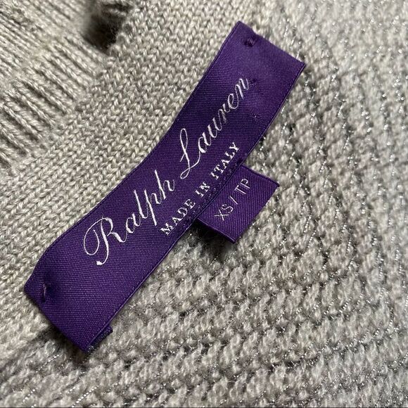 Ralph Lauren Gray Cashmere V-Neck Metallic Herringbone Knit Cardigan Sweater - Picture 2 of 16